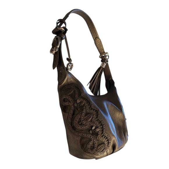 BRIGHTON NIKKI Bronze/Brown Leather w/ Lace-Inspired Applique Hobo Shoulder Bag - Picture 6 of 12
